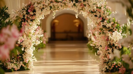 Fototapeta premium Floral Arch Adorned with Vibrant Blossoms Creates a Stunning Entryway in an Elegant Indoor Setting