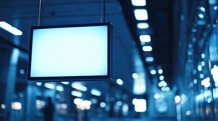 Hanging LCD display in a transit setting, blank for advertising text or media, featuring a commercial theme with blue tones and soft ambient lighting.