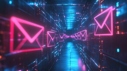 A vibrant digital corridor illuminated by neon envelope icons, symbolizing communication and connectivity in a futuristic environment.