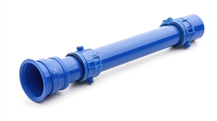 Blue PVC pipe connection featuring smooth cylindrical design and coupling details, set against a clean white background for clear visibility.