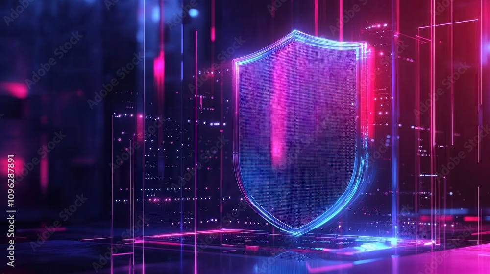 Poster a glowing shield symbolizes digital security in a vibrant, futuristic setting filled with neon light