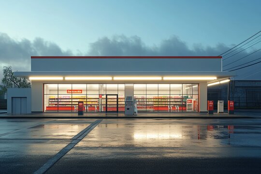 Convenience Store at Dusk with Reflections.