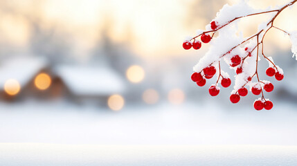 Winter sunset: a cozy and festive scene of snow-covered red berries on a branch in a winter landscape