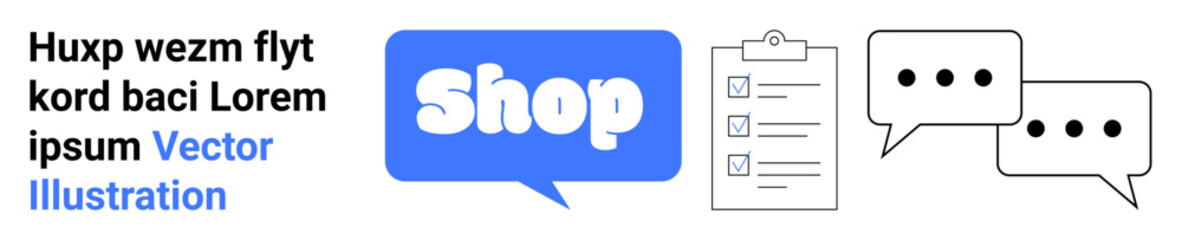 Blue speech bubble with Shop text, black clipboard with checklists, black speech bubbles with dots. Ideal for online shopping, communication, business management, e-commerce, customer service. Banner