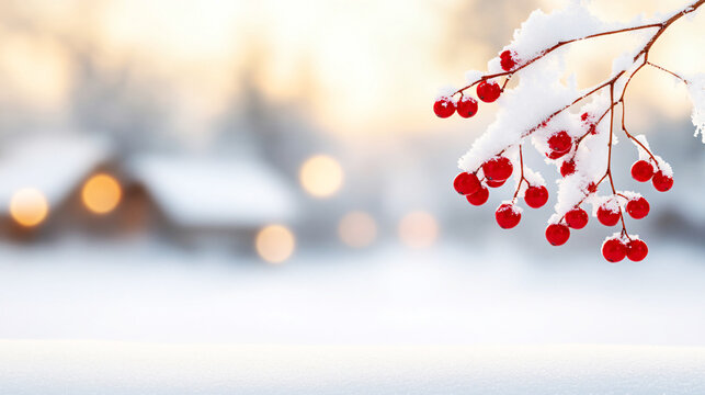 Winter sunset: a cozy and festive scene of snow-covered red berries on a branch in a winter landscape