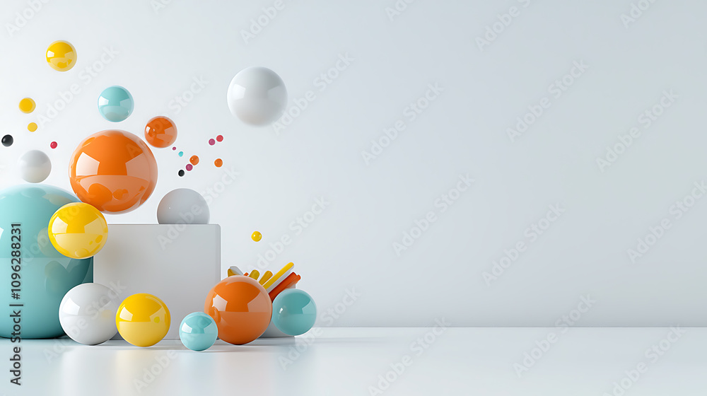 Poster dynamic colorful spheres minimalistic studio 3d artwork bright environment eye-level view modern des