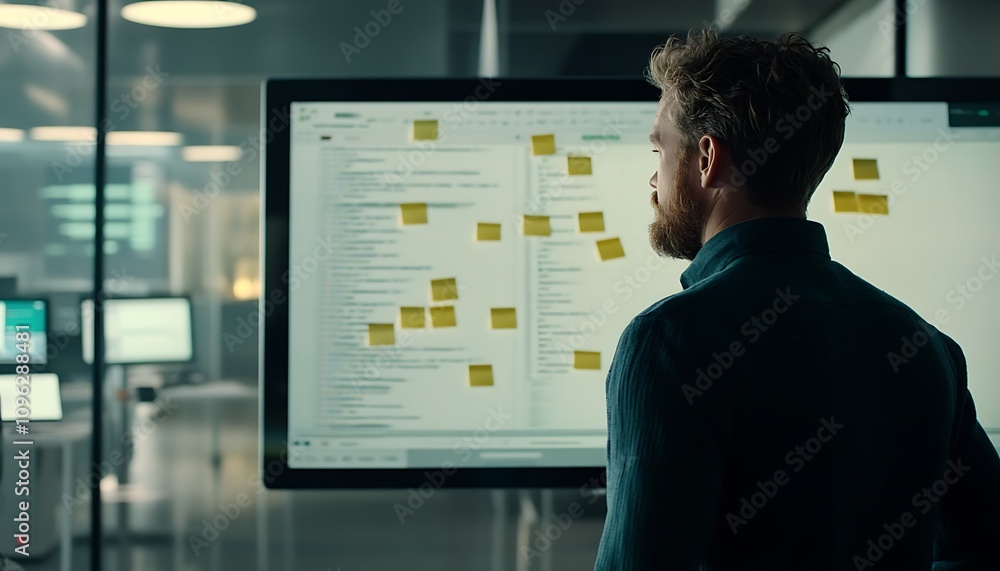 Poster a person analyzing data on a screen covered with sticky notes in a modern office setting.