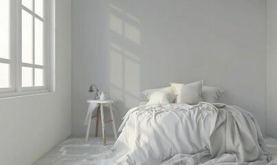 Minimalist bedroom interior with a white bed. white walls. and a large window with natural light streaming in