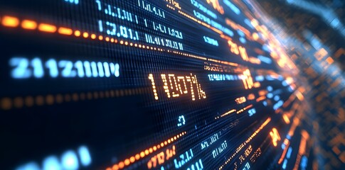 Abstract digital data visualization with glowing numbers and lines, representing technology.