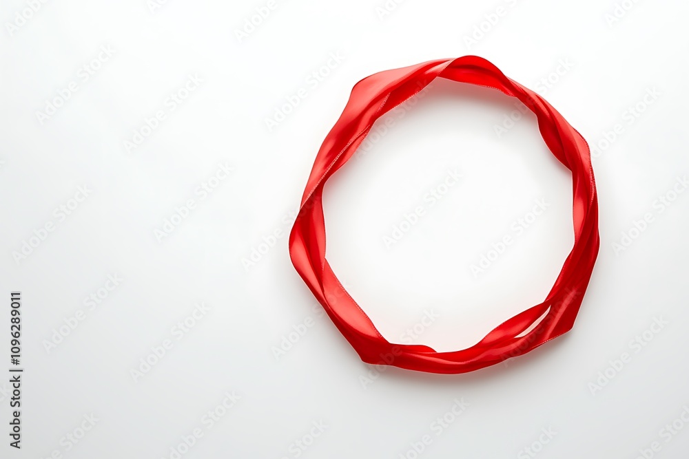 Poster a red ribbon twisted into a circular shape on a white background.