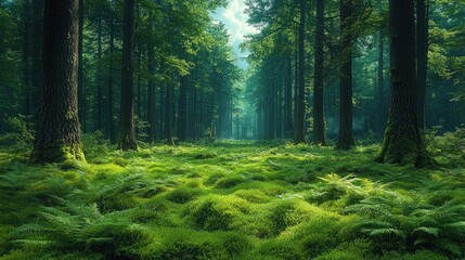 Obraz premium Enchanted Ancient Forest with Giant Trees and Lush Green Underbrush, Capturing the Serenity and Beauty of Nature's Timeless Landscape