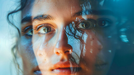 Dissociating: A close-up of a young woman struggling with multiple identity disorder, captured with a double exposure effect.