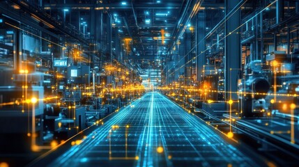 Fototapeta premium A futuristic factory in 2025, glowing assembly lines forming geometric patterns, bright dots indicating data flow, vibrant neon colors and a high-tech atmosphere