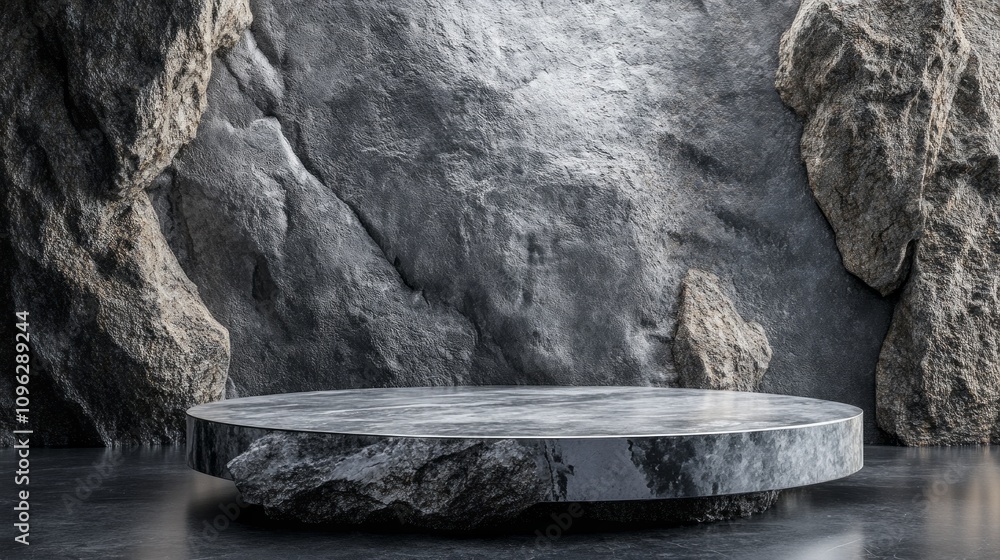 Poster a stone pedestal with a round shape is placed in front of a rocky wall