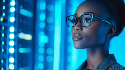 It specialist wearing glasses monitors glowing network servers in a modern data center, embodying futuristic technology