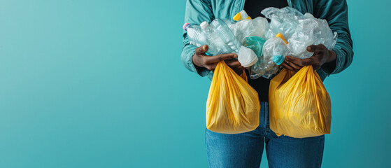 Plastic Pollution Waste Reduction Concept. A person holds two yellow bags full of plastic waste in front of a blue background, highlighting the importance of recycling and environmental awareness.