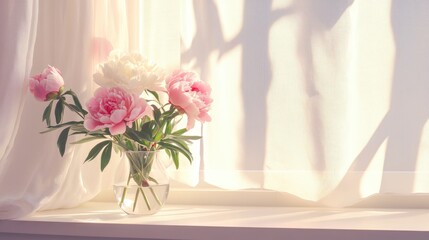 Pink and white peonies elegantly arranged in a clear glass vase on a sunlit windowsill, complemented by soft drapes and gentle shadows.