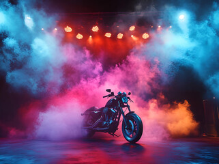 Motorcycle in a neon-lit smoke-filled scene