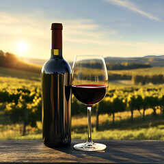 Red wine bottle and glass in vineyard sunset