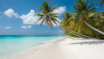 Secluded Beach pristine white sandy beach with crystal-clear turquoise water Rows of palm trees swaying gently in the breeze. peaceful atmosphere perfect for advertisements