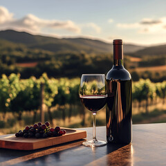 Wine and grapes with vineyard background