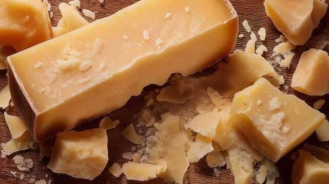 Parmesan cheese being cut and grated on wooden board