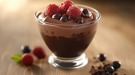 Decadent chocolate pudding topped with fresh raspberries and chocolate shavings, served in a clear...