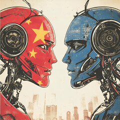 AI rivalry concept with robotic profiles