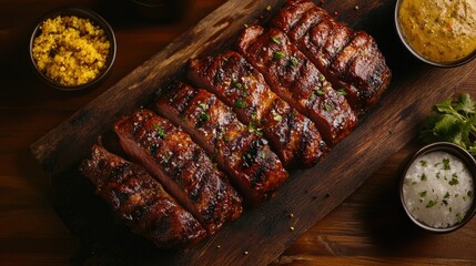 Succulent grilled meat displaying rich char marks served on a wooden platter, accompanied by vibrant sides and sauces, a staple of Brazilian barbecue cuisine.