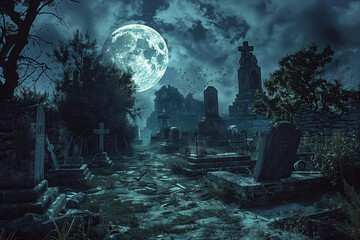 Obraz premium Fantastically mysterious cemetery with tombstones and scary atmosphere
