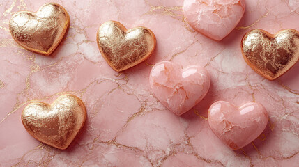 Charming pink hearts on a pink romantic marble background wedding Valentine's Day