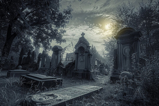 Fantastically mysterious cemetery with tombstones and terribly atmosphere