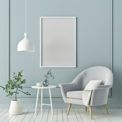 A minimalist living room interior with a gray armchair, a white coffee table, a potted plant, and a blank canvas on the wall