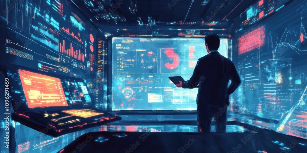 Poster a person analyzes data in a futuristic control room filled with digital screens and graphs.