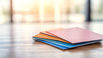 Colorful notebooks stacked on wooden table in modern office, representing organization, creativity, and productivity