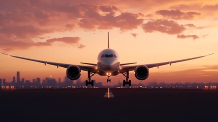 Obraz premium Airplane takeoff action at sunset runway location aviation photography urban skyline environment dynamic viewpoint aerodynamics concept