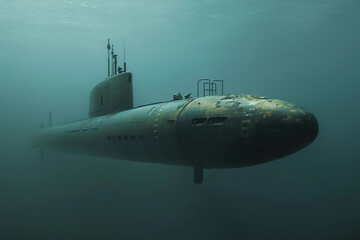 Beautiful large submarine floating in middle of ocean during mission