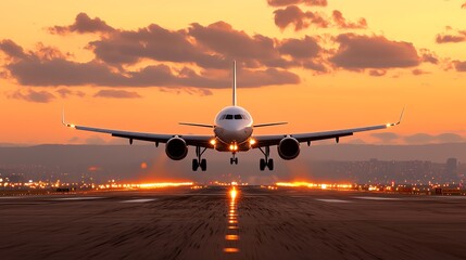 Fototapeta premium Airplane landing at sunset on runway aviation photography aerodynamics showcase urban landscape dramatic viewpoint