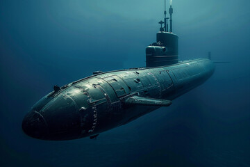 Beautiful large submarine floating in middle of ocean during mission