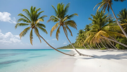Fototapeta premium Secluded Beach pristine white sandy beach with crystal-clear turquoise water Rows of palm trees swaying gently in the breeze. peaceful atmosphere perfect for advertisements