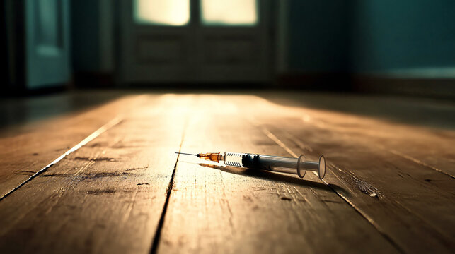 Syringe on wooden floor in sunlight, symbolizing drug abuse and addiction