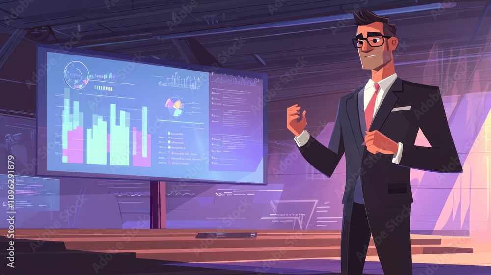 Poster a confident presenter discusses data insights in a modern office setting.