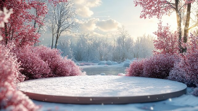Podium for products against the backdrop of a winter landscape, Christmas sales