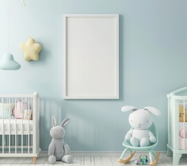 A white framed mockup poster on a light blue wall in a nursery with stuffed animals, a crib, and a rug