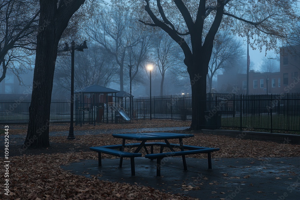 Poster foggy morning scene in a quiet park with a picnic table surrounded by bare trees and playground equi
