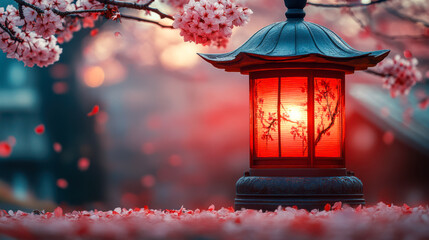 Traditional japanese lantern surrounded by cherry blossoms at sunset