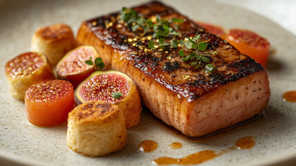 Foie gras terrine with delicate fig compote, gold leaf accents, and brioche crisps.