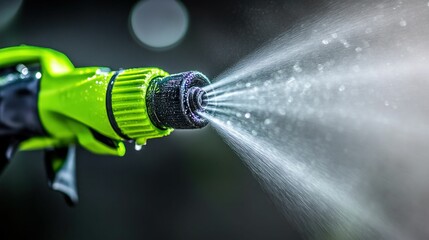 Close-Up of Green Spray Nozzle with Water Spray