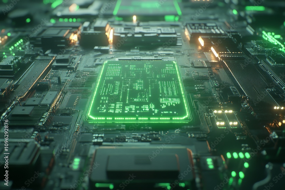Poster futuristic circuit board with green lights and electronic components displaying advanced technology 