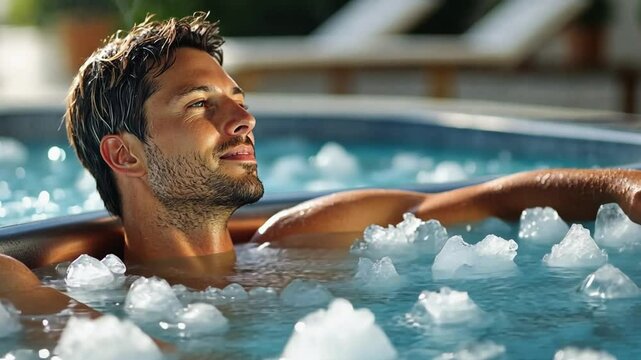 The man is immersed in an ice bath, expressing determination and calmness.